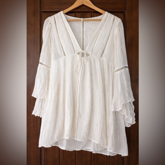 Free People Romeo Mini Dress White Boho Bell Sleeve V-Neck Lace Detail - Picture 2 of 6